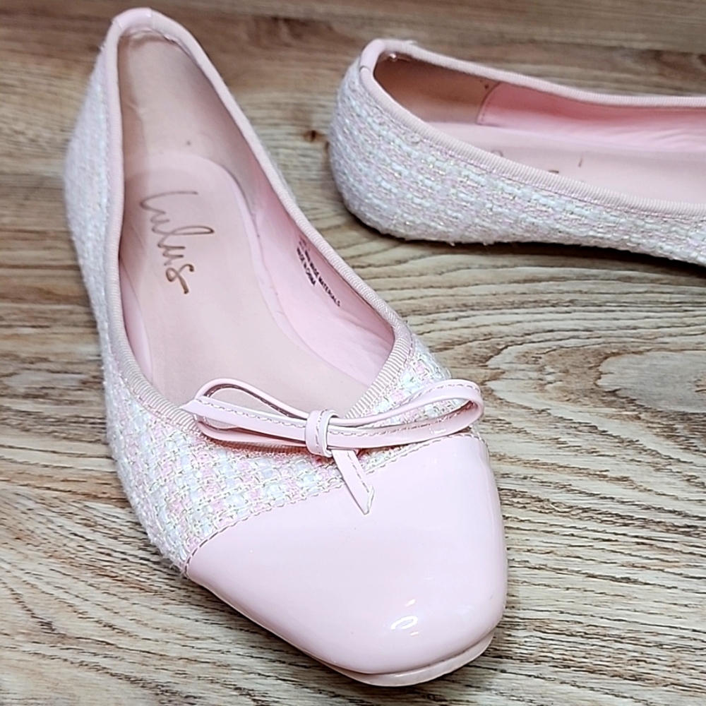 Lulus Marinna Pink Boucle Bow Ballet Flats Patten Leather Tweed  Shoes Size 7